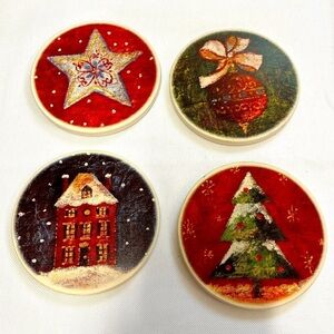 Cypress Home Coaster set of 4 Holiday Deluxe Absorbant Coasters Christmas Decor